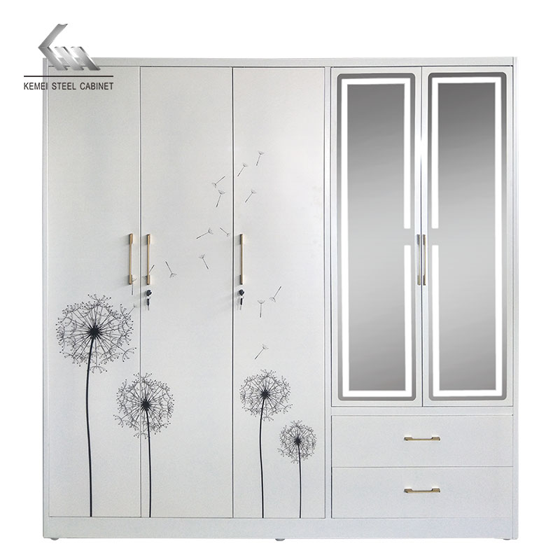 Modern White Closet Steel Wardrobe with LED Mirror & Drawers