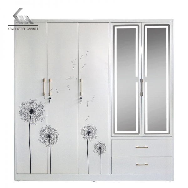 Modern White Closet Steel Wardrobe with LED Mirror & Drawers