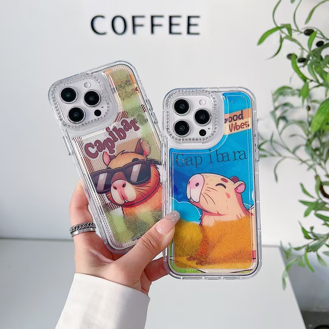 Liquid sand cartoon mobile case cover for iphone 15 14 13 12 11 360 protective case shockproof