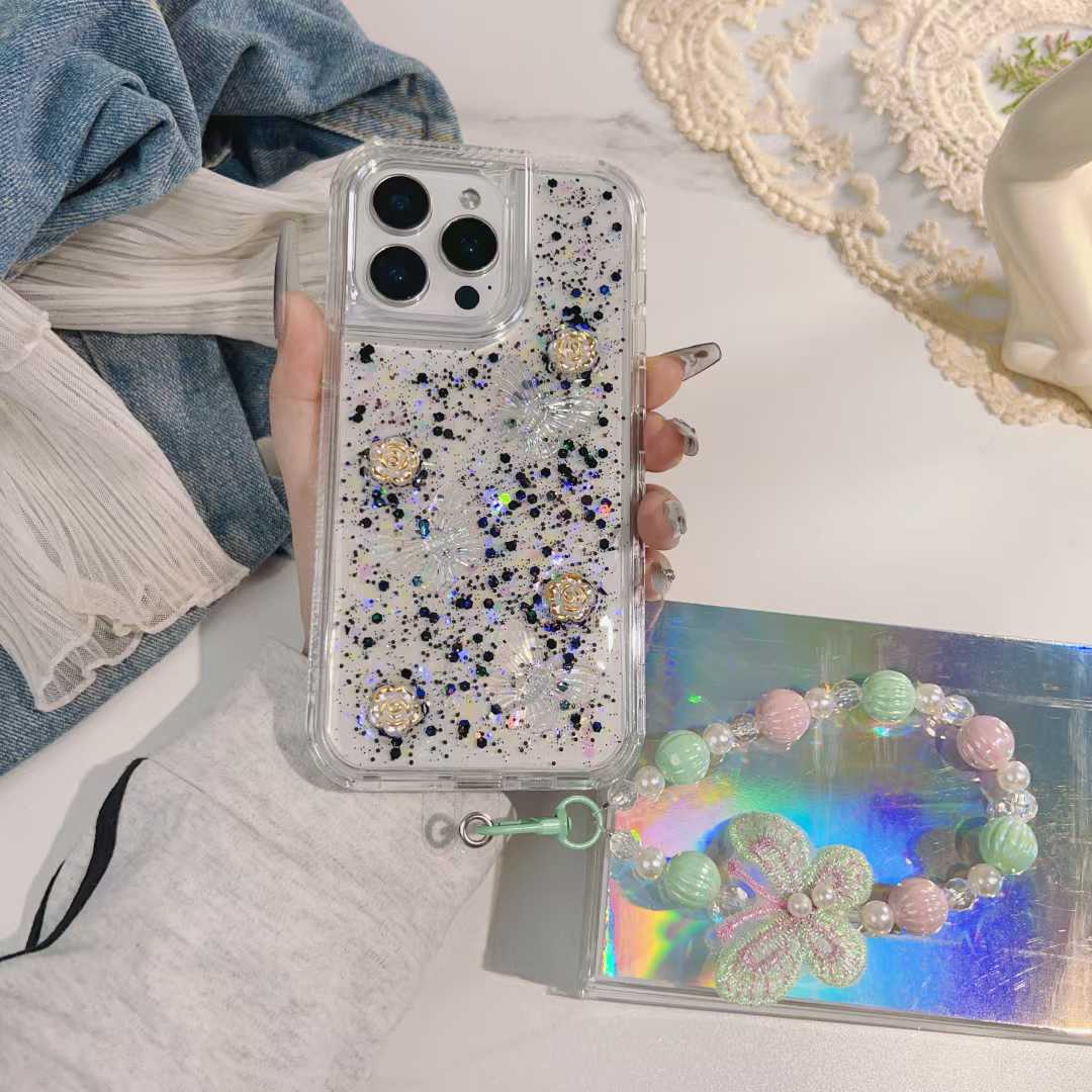 360 protective flower phone case for iphone 15 pro 14 plus 13 12 11 with bracelet 
