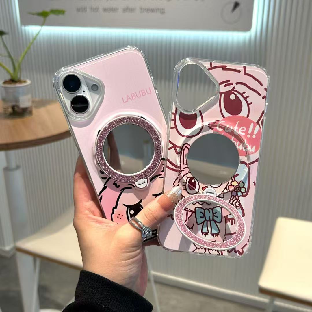 Makeup mirror phone cases for iphone 16 pro max cartoon kickstand back cover