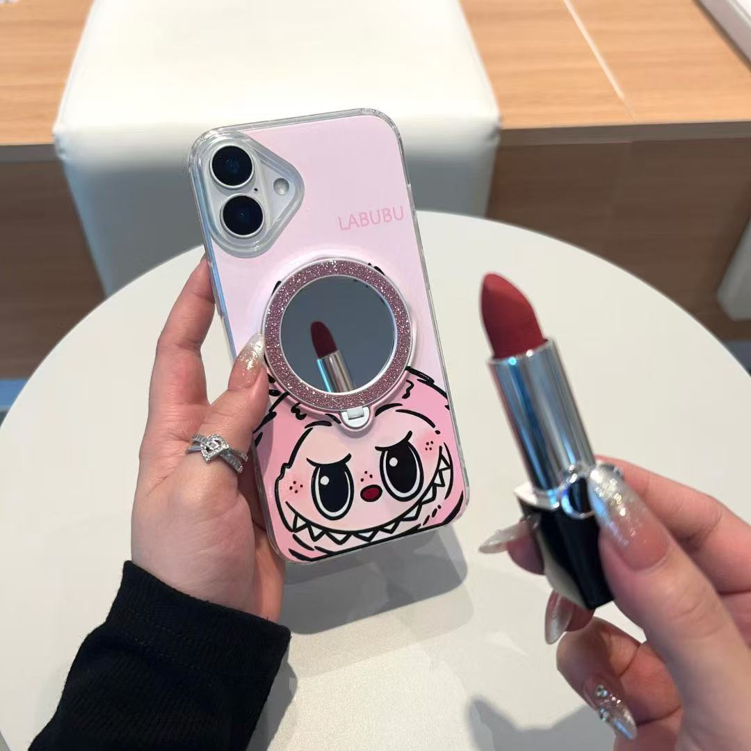 Makeup mirror phone cases for iphone 16 pro max cartoon kickstand back cover