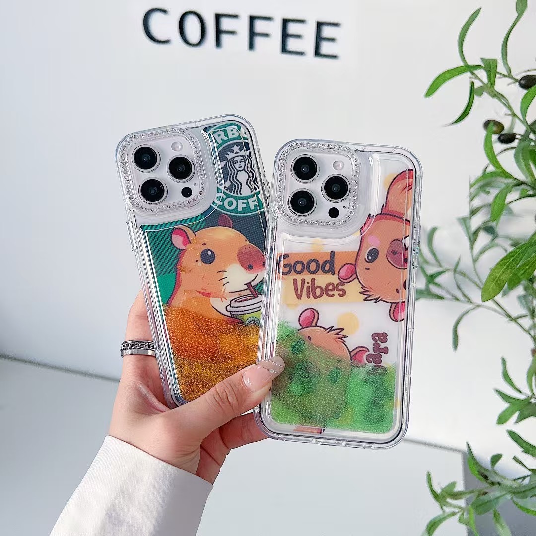 Liquid sand cartoon mobile case cover for iphone 15 14 13 12 11 360 protective case shockproof
