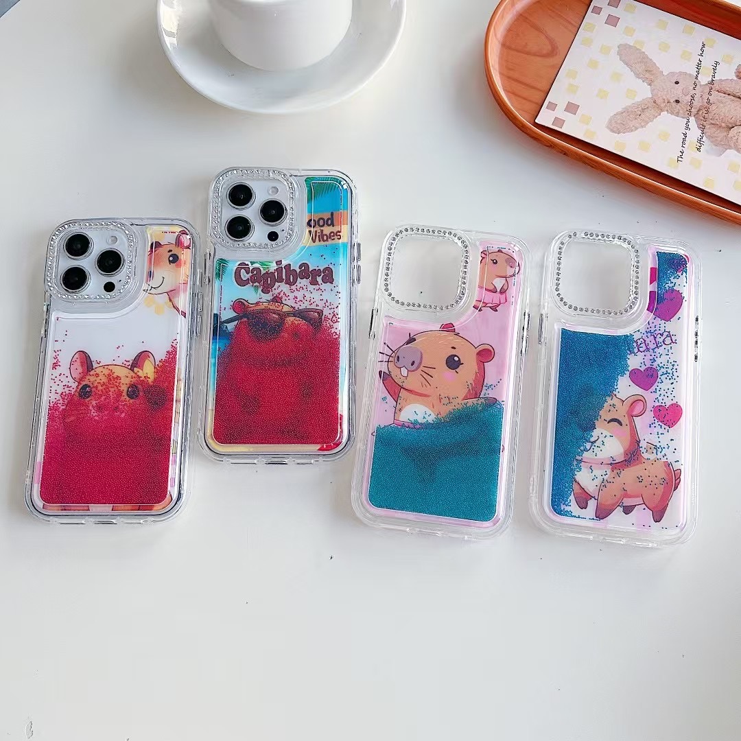 Liquid sand cartoon mobile case cover for iphone 15 14 13 12 11 360 protective case shockproof