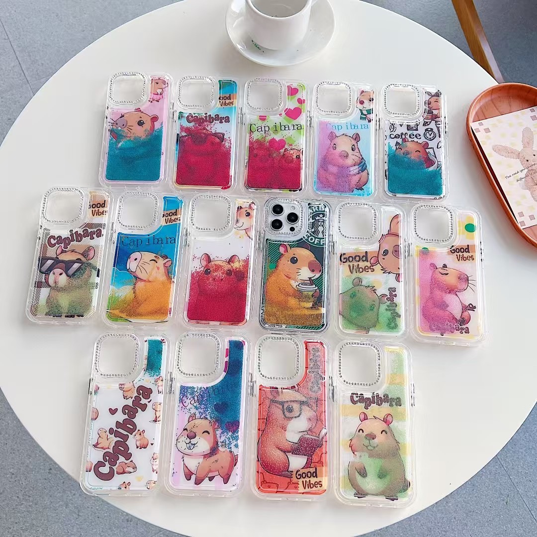 Liquid sand cartoon mobile case cover for iphone 15 14 13 12 11 360 protective case shockproof