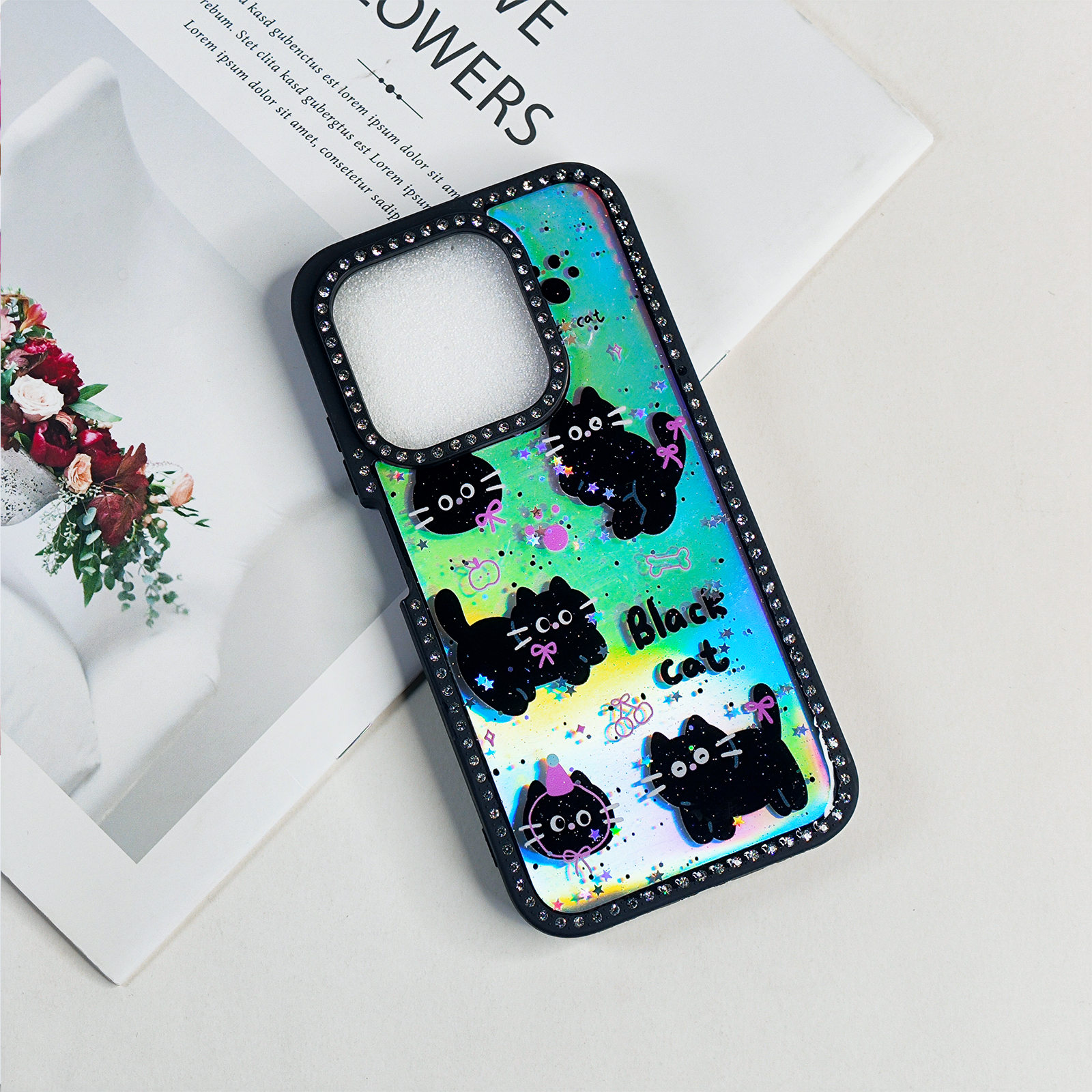 Cute Cat IMD Cell phone cover for iphone 16 15 14 13 12 diamond lens mobile phone case 