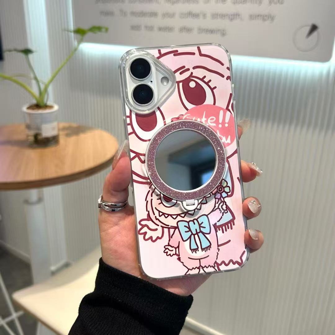 Makeup mirror phone cases for iphone 16 pro max cartoon kickstand back cover