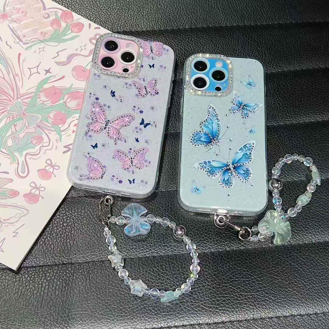Butterfly lanyard phone cases for iphone 16 15 14 13 12 11 girly phone cover
