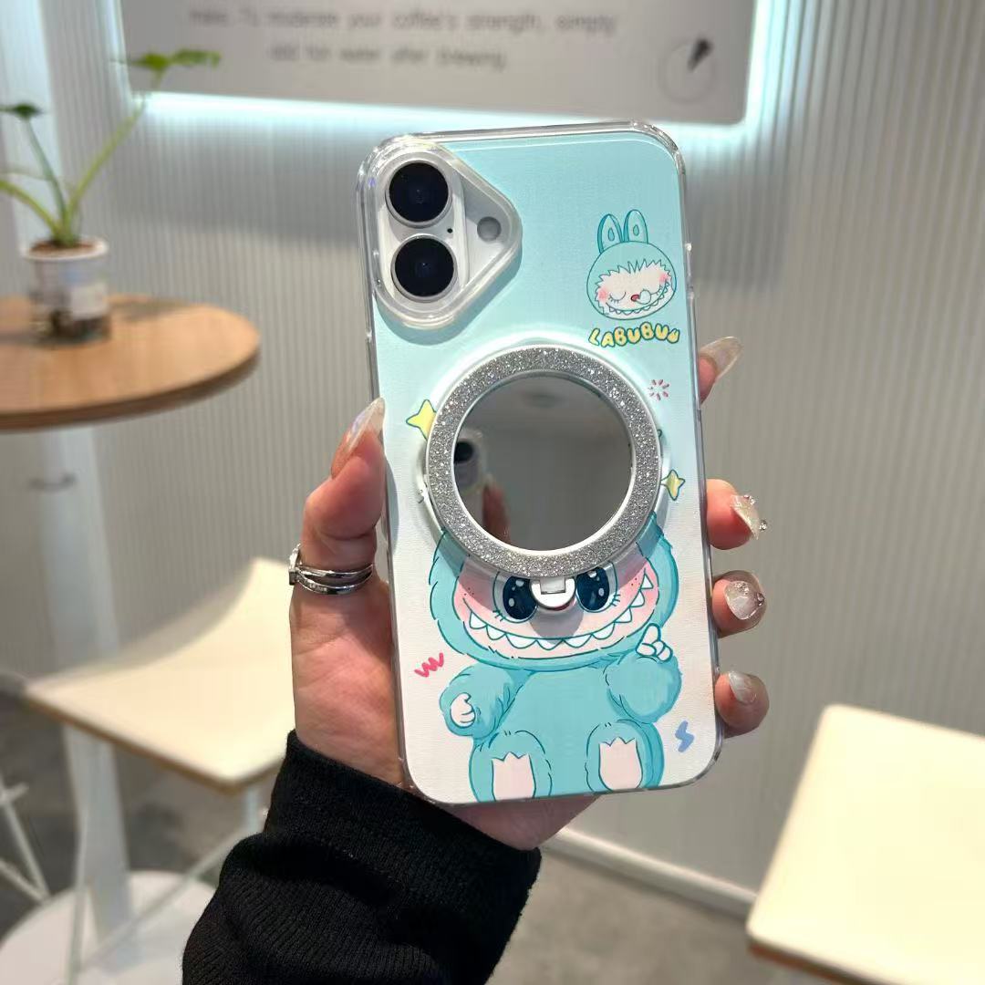 Makeup mirror phone cases for iphone 16 pro max cartoon kickstand back cover