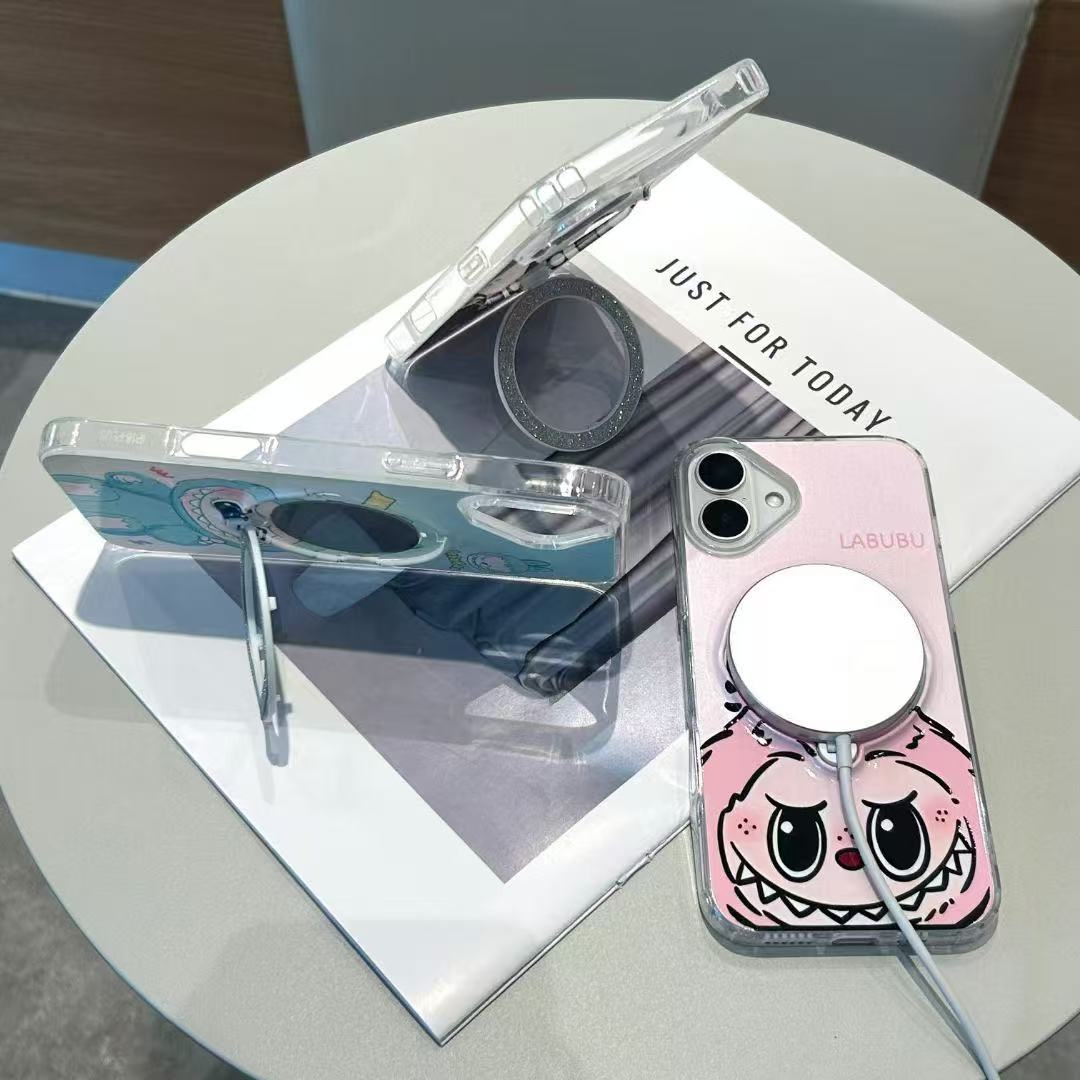 Makeup mirror phone cases for iphone 16 pro max cartoon kickstand back cover
