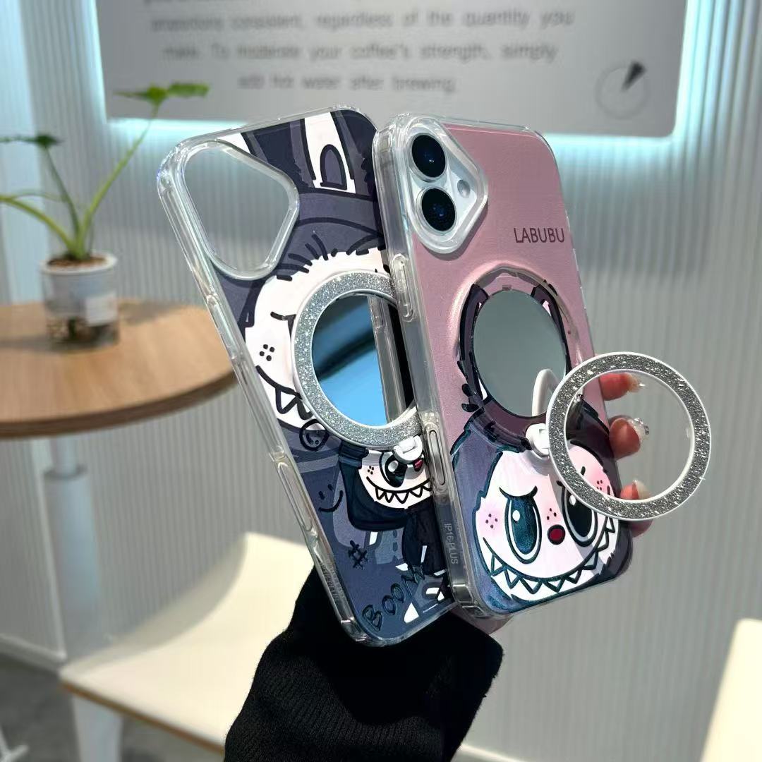 Makeup mirror phone cases for iphone 16 pro max cartoon kickstand back cover