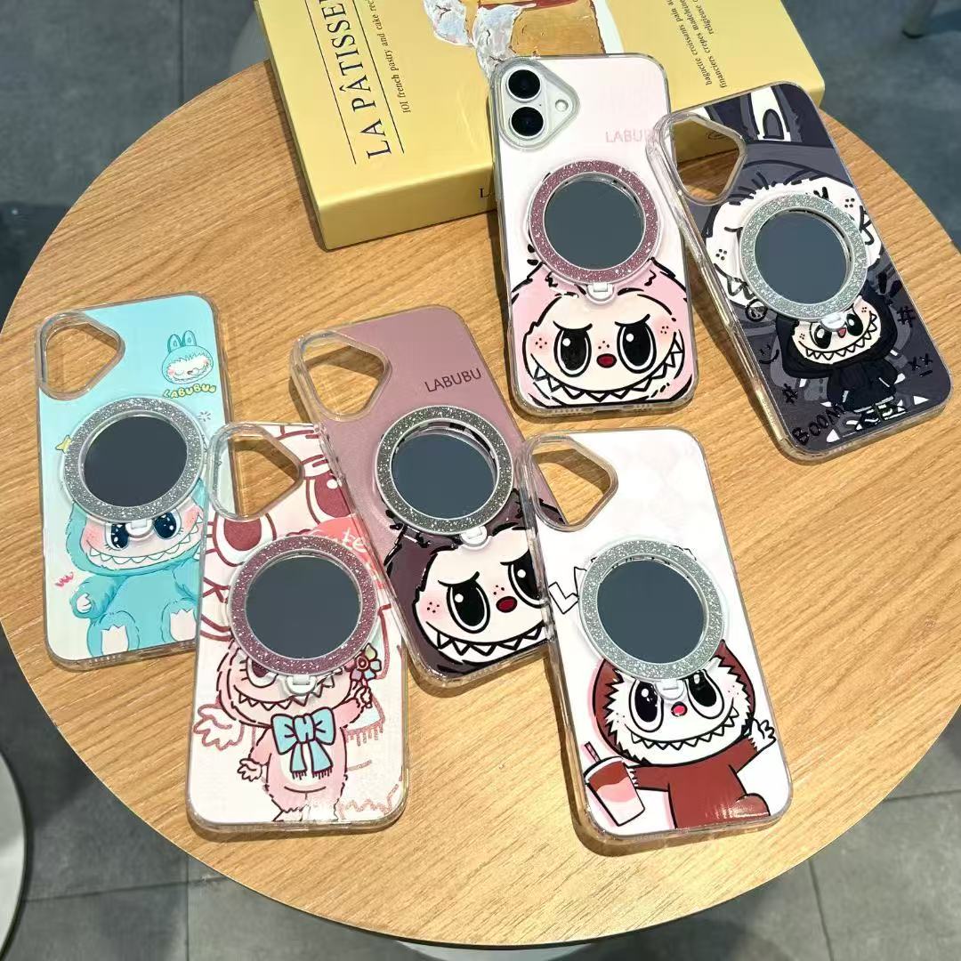Makeup mirror phone cases for iphone 16 pro max cartoon kickstand back cover