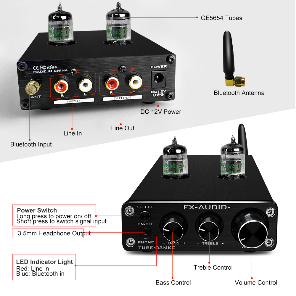 TUBE-03MKII GE5654 Bluetooth 5.0 QCC3034 Tube Preamplifier Headphone Amplifier