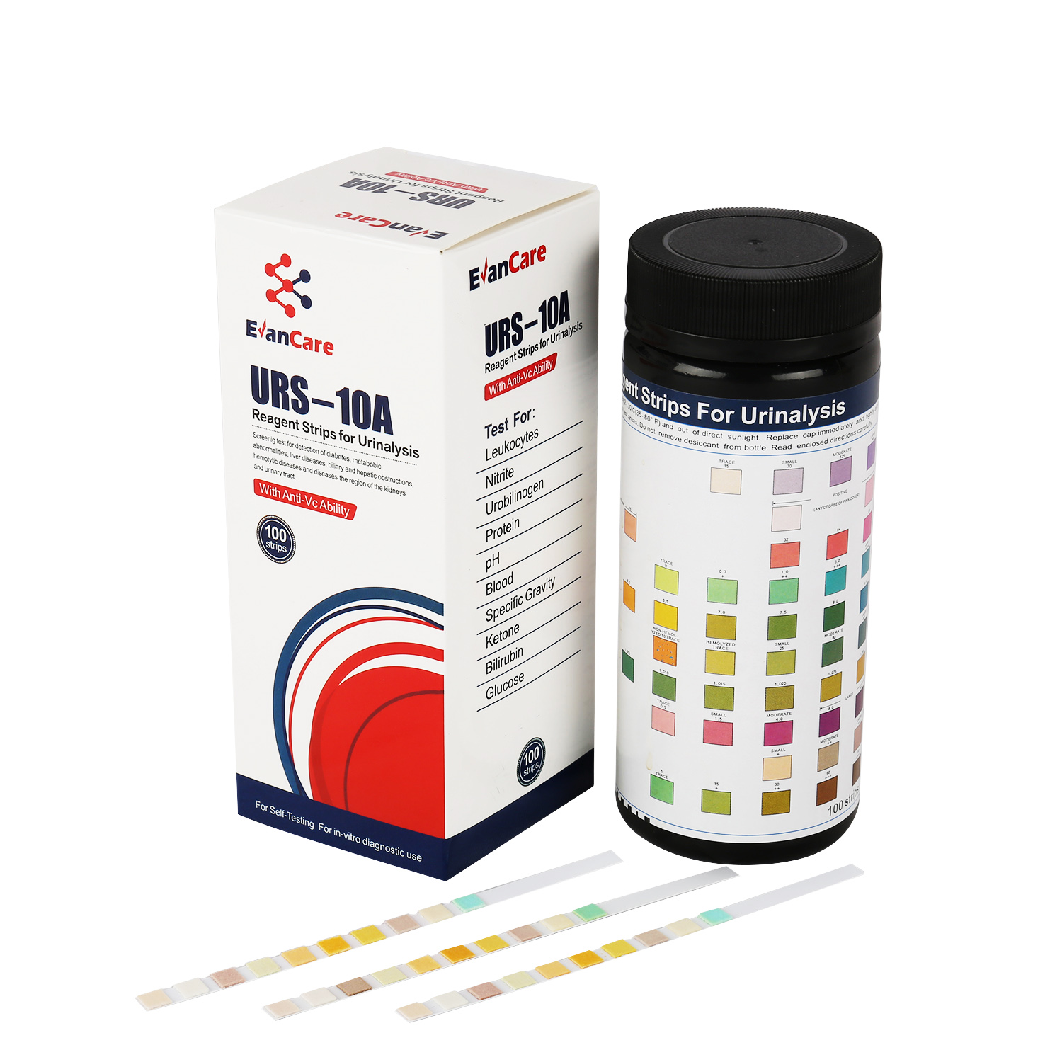 EVANCARE URS-10A （URO/BLD/KET/GLU/PRO/pH/BIL/NIT/SG/LEU） Urine Analysis Test Strips （Urine）