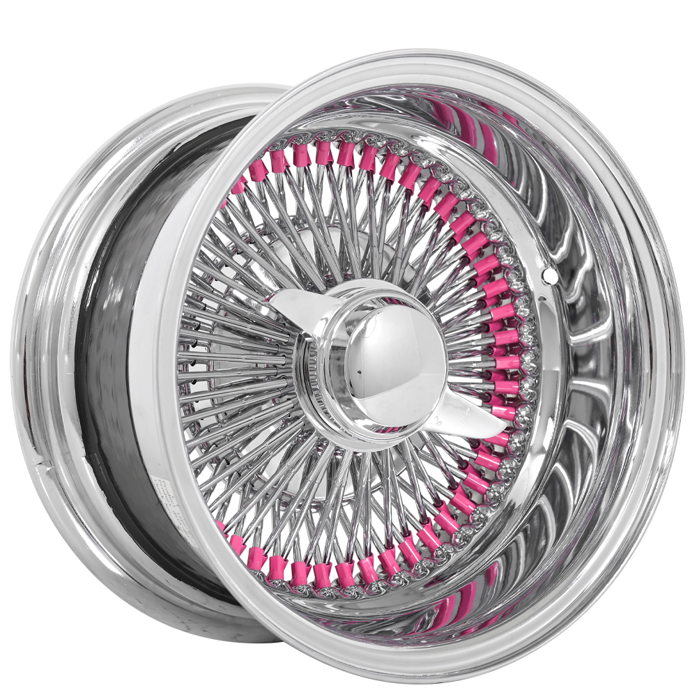 13x7  Wire Wheels Reverse 100-Spoke Straight Lace Custom Chrome with Pink Nipples Rims
