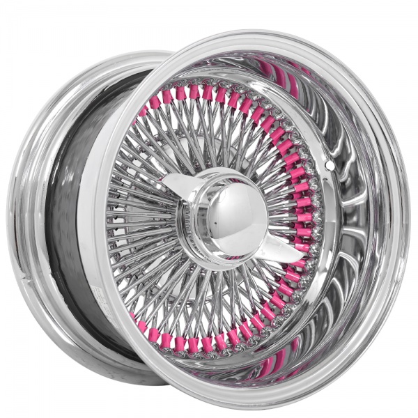 13x7  Wire Wheels Reverse 100-Spoke Straight Lace Custom Chrome with Pink Nipples Rims