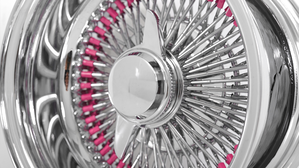 13x7  Wire Wheels Reverse 100-Spoke Straight Lace Custom Chrome with Pink Nipples Rims