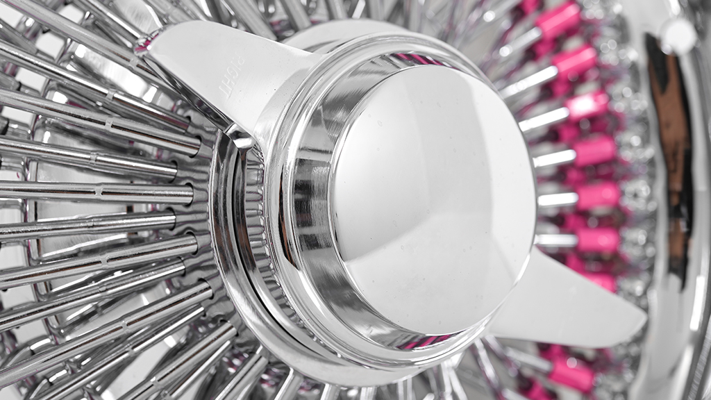 13x7  Wire Wheels Reverse 100-Spoke Straight Lace Custom Chrome with Pink Nipples Rims