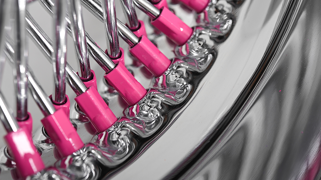 13x7  Wire Wheels Reverse 100-Spoke Straight Lace Custom Chrome with Pink Nipples Rims