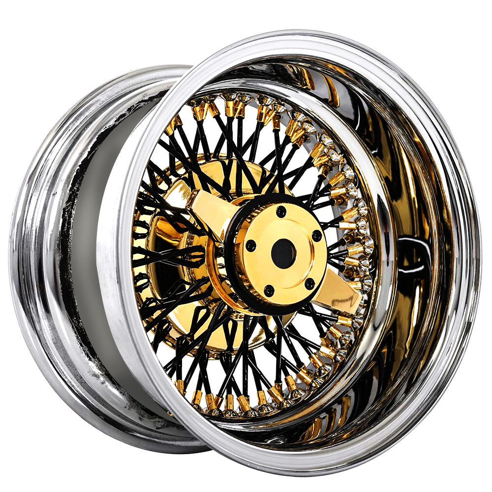 13x7 Wire Wheels Reverse 72-Spoke Cross Lace Black Spoke with American Gold Plating Nipple and Chrome Lip Rims
