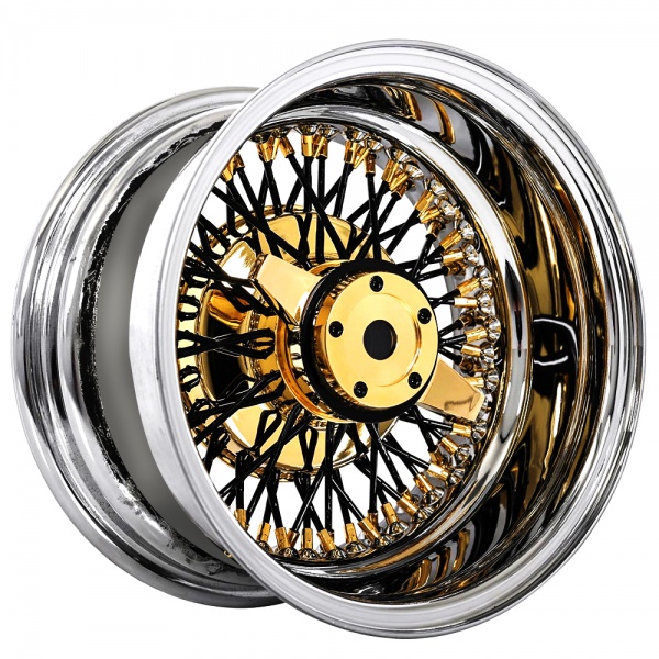 13x7 Wire Wheels Reverse 72-Spoke Cross Lace Black Spoke with American Gold Plating Nipple and Chrome Lip Rims