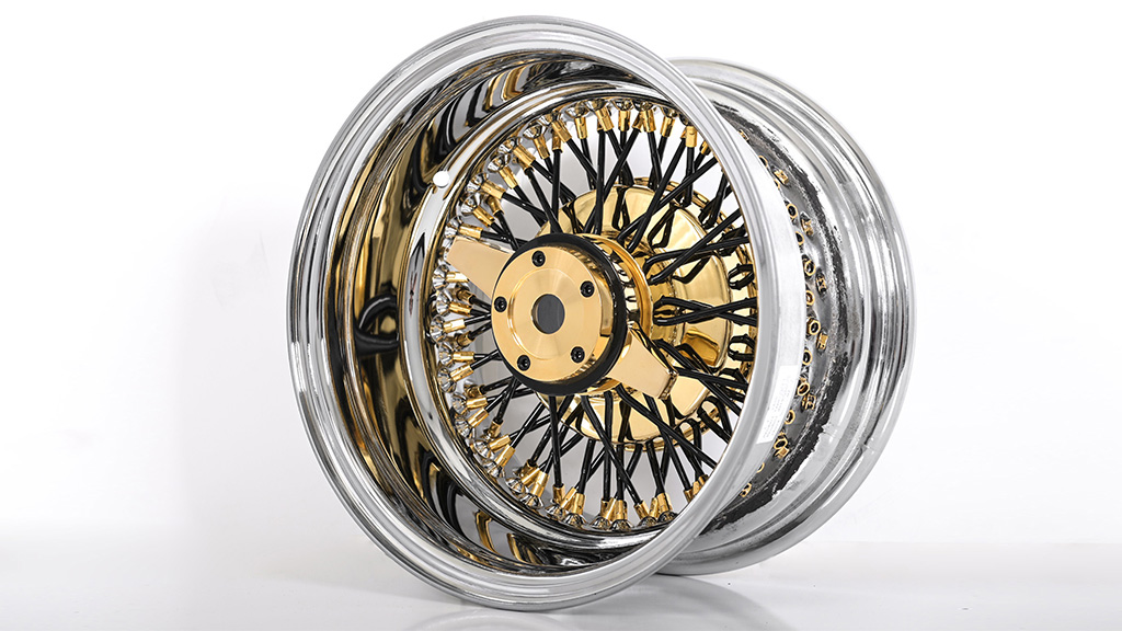 13x7 Wire Wheels Reverse 72-Spoke Cross Lace Black Spoke with American Gold Plating Nipple and Chrome Lip Rims