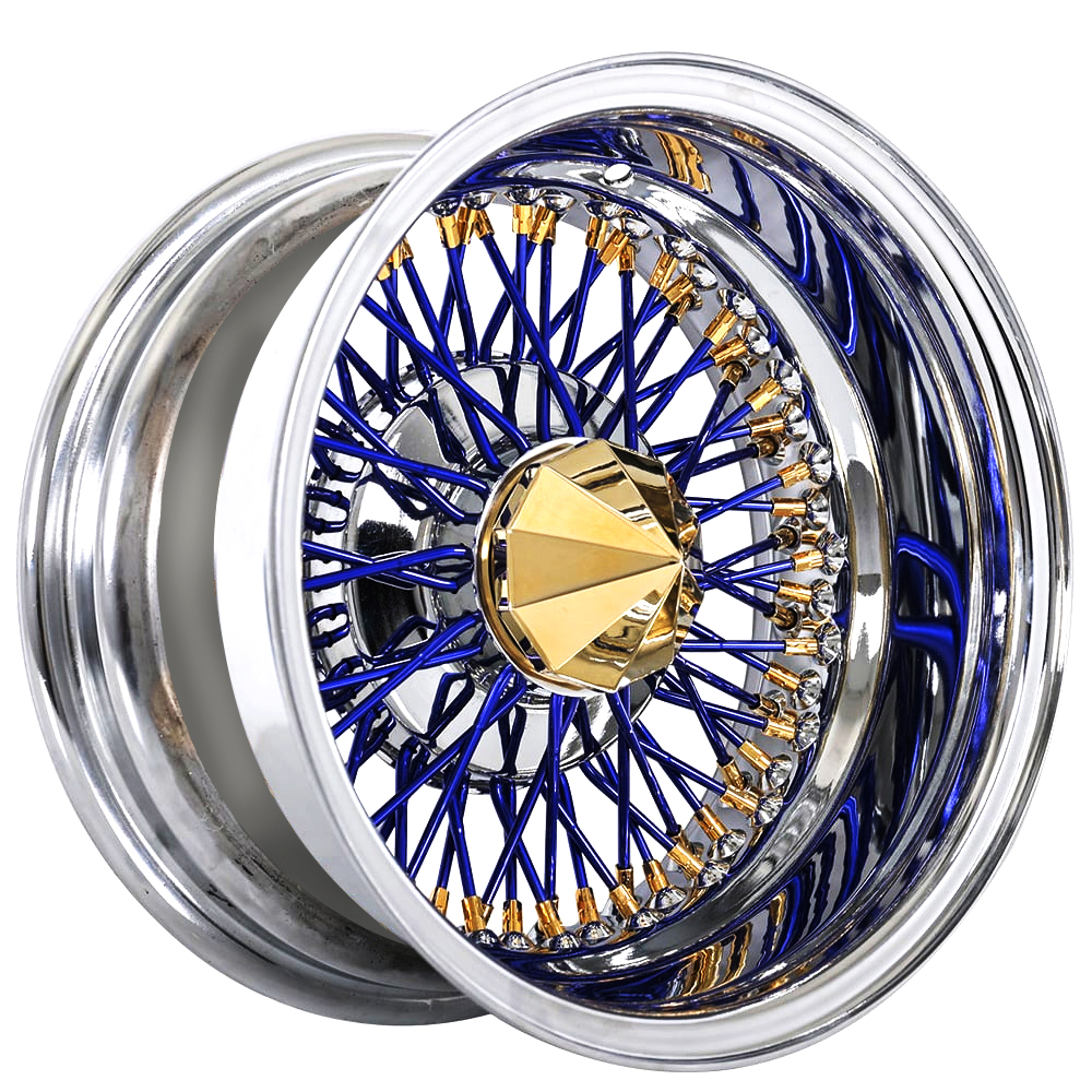 13x7 Wire Wheels Reverse 72-Spoke Cross Lace Blue Spoke with American Gold Plating Nipple and Chrome Lip Rims