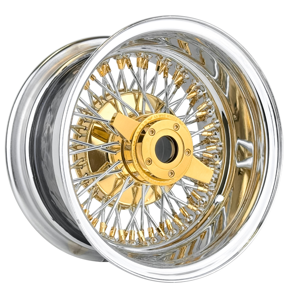 13x7 Wire Wheels Reverse 72-Spoke Cross Lace Chrome with Gold Accents Heavy Duty Knock-Off Rim