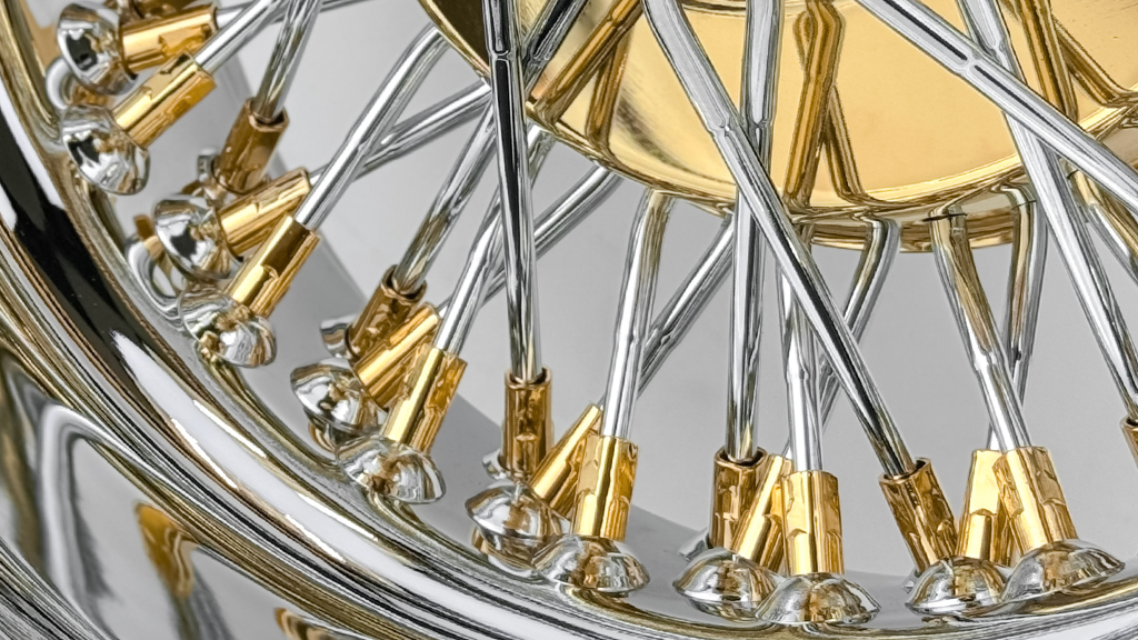13x7 Wire Wheels Reverse 72-Spoke Cross Lace Chrome with Gold Accents Heavy Duty Knock-Off Rim