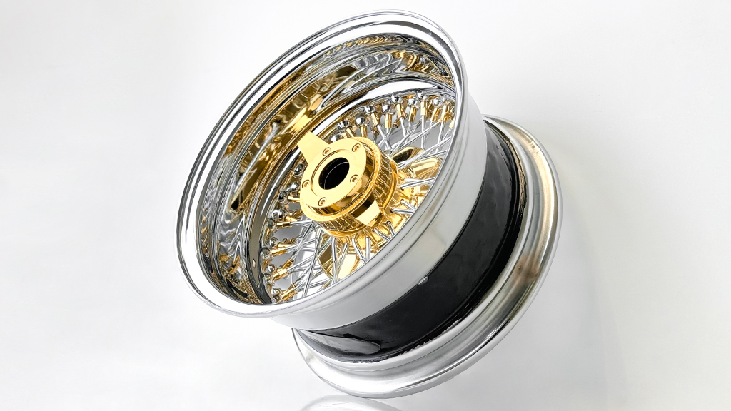 13x7 Wire Wheels Reverse 72-Spoke Cross Lace Chrome with Gold Accents Heavy Duty Knock-Off Rim