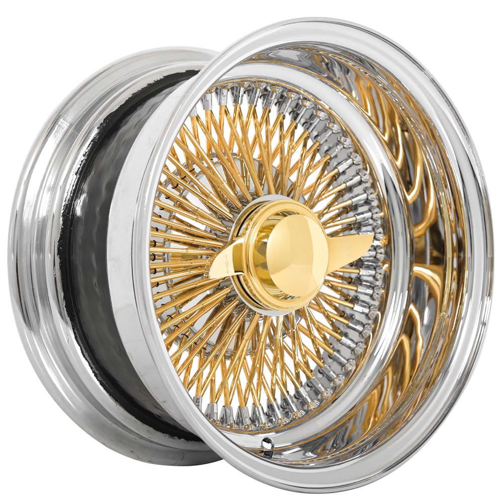 13x7 Wire Wheels Reverse 100-Spoke Straight Lace American Gold Plating Spokes with Chrome Nipples and Lip Rims