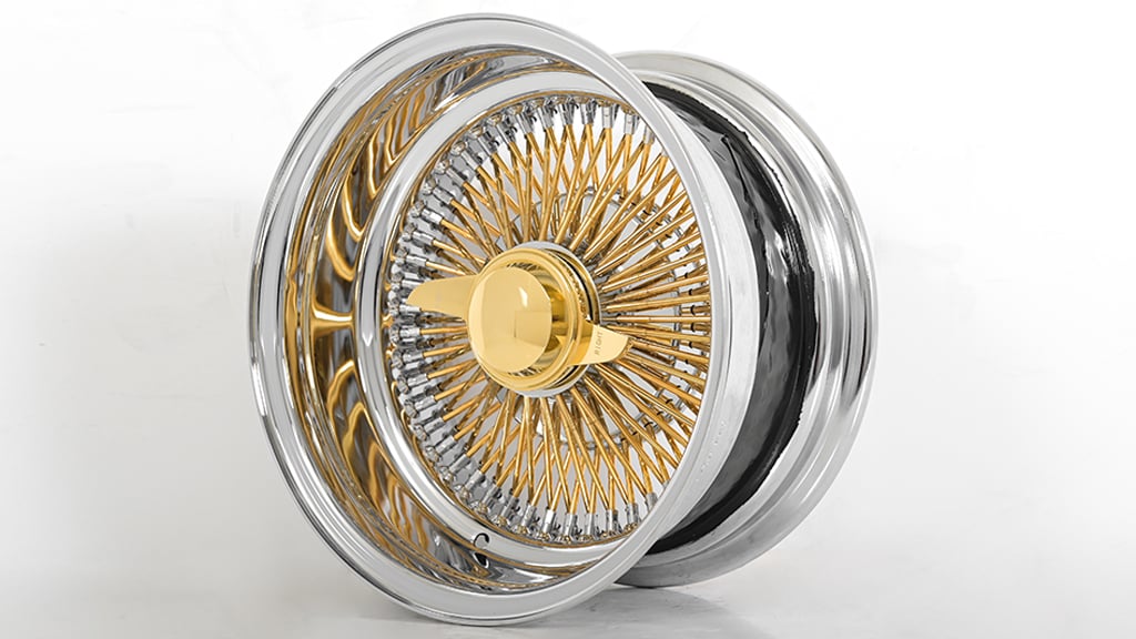 13x7 Wire Wheels Reverse 100-Spoke Straight Lace American Gold Plating Spokes with Chrome Nipples and Lip Rims