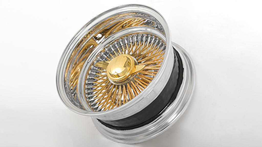 13x7 Wire Wheels Reverse 100-Spoke Straight Lace American Gold Plating Spokes with Chrome Nipples and Lip Rims