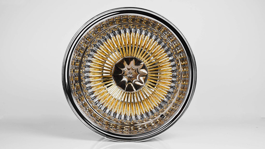13x7 Wire Wheels Reverse 100-Spoke Straight Lace American Gold Plating Spokes with Chrome Nipples and Lip Rims