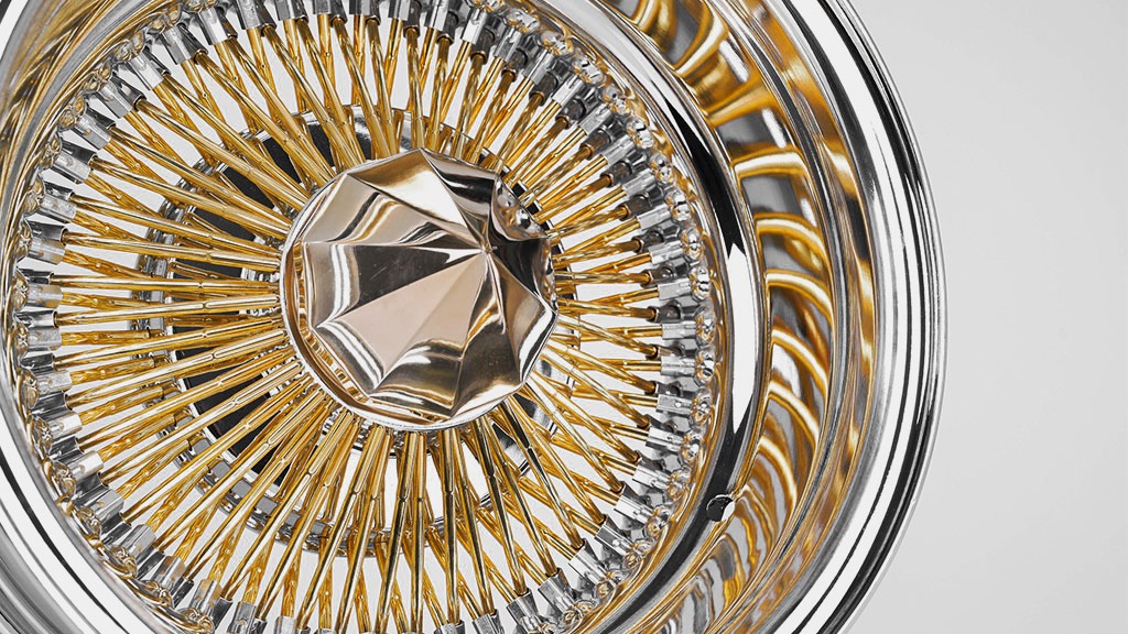 13x7 Wire Wheels Reverse 100-Spoke Straight Lace American Gold Plating Spokes with Chrome Nipples and Lip Rims