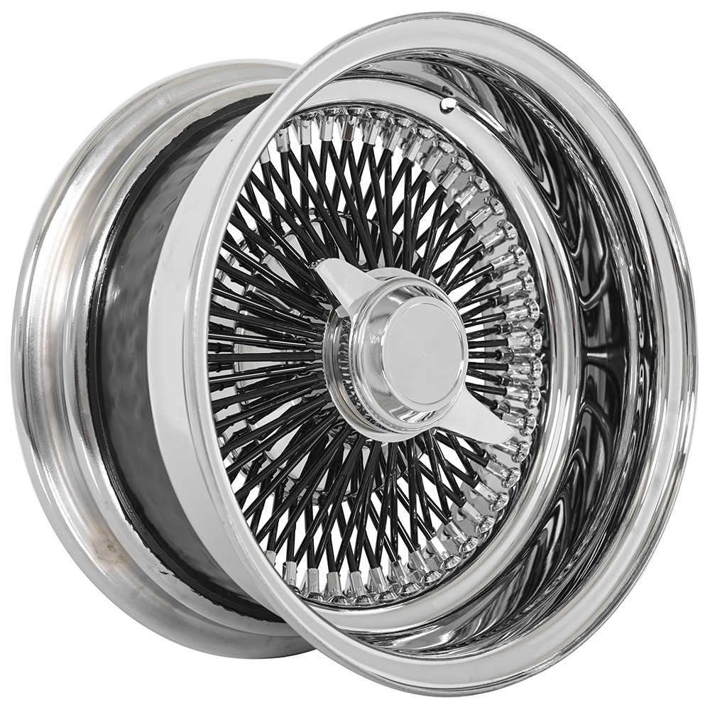13x7 Wire Wheels Reverse 100-Spoke Straight Lace Chrome with Black Spoke Rims