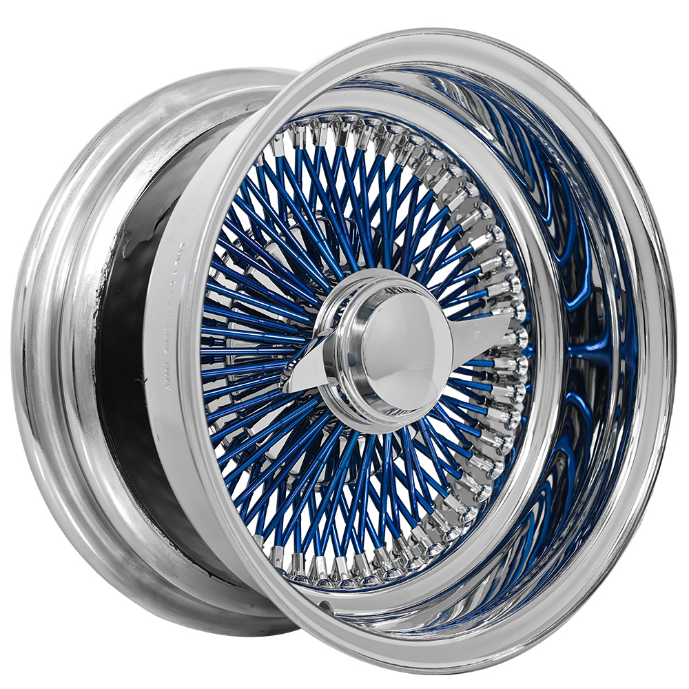 13x7 Wire Wheels Reverse 100-Spoke Straight Lace Chrome with Blue Spoke Rims