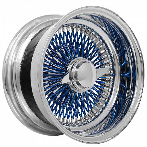 13x7 Wire Wheels Reverse 100-Spoke Straight Lace Chrome with Blue Spoke Rims