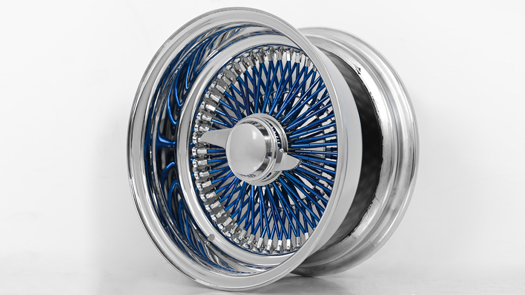 13x7 Wire Wheels Reverse 100-Spoke Straight Lace Chrome with Blue Spoke Rims