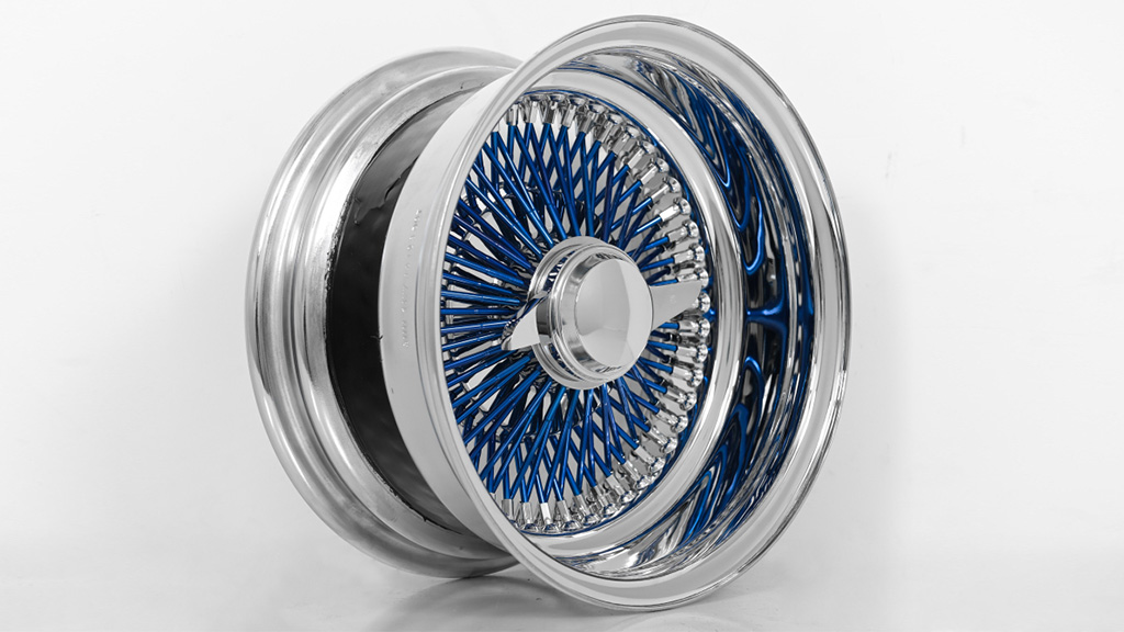 13x7 Wire Wheels Reverse 100-Spoke Straight Lace Chrome with Blue Spoke Rims