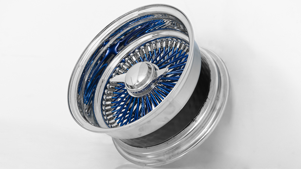 13x7 Wire Wheels Reverse 100-Spoke Straight Lace Chrome with Blue Spoke Rims