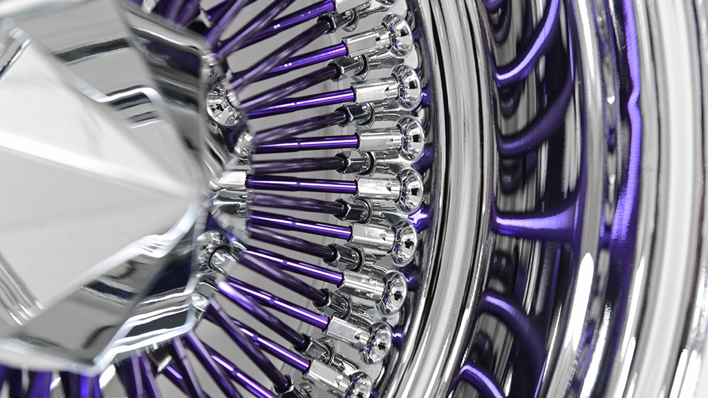 13x7 Wire Wheels Reverse 100-Spoke Straight Lace Chrome with Purple Spoke Rims