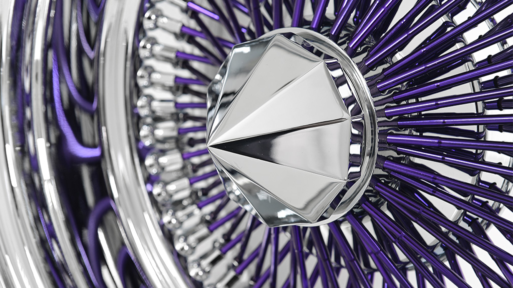 13x7 Wire Wheels Reverse 100-Spoke Straight Lace Chrome with Purple Spoke Rims