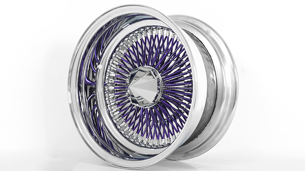 13x7 Wire Wheels Reverse 100-Spoke Straight Lace Chrome with Purple Spoke Rims