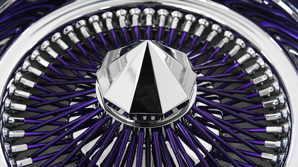 13x7 Wire Wheels Reverse 100-Spoke Straight Lace Chrome with Purple Spoke Rims