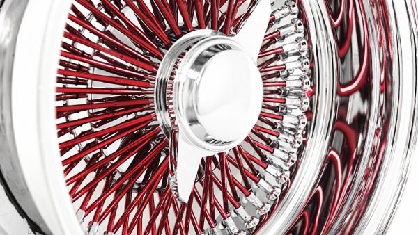 13x7 Wire Wheels Reverse 100-Spoke Straight Lace Chrome with Red Spoke Rims