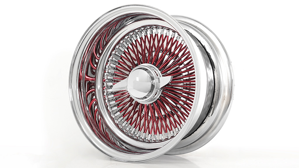 13x7 Wire Wheels Reverse 100-Spoke Straight Lace Chrome with Red Spoke Rims