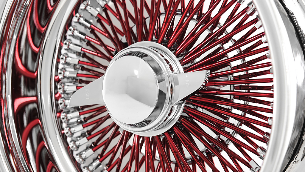 13x7 Wire Wheels Reverse 100-Spoke Straight Lace Chrome with Red Spoke Rims