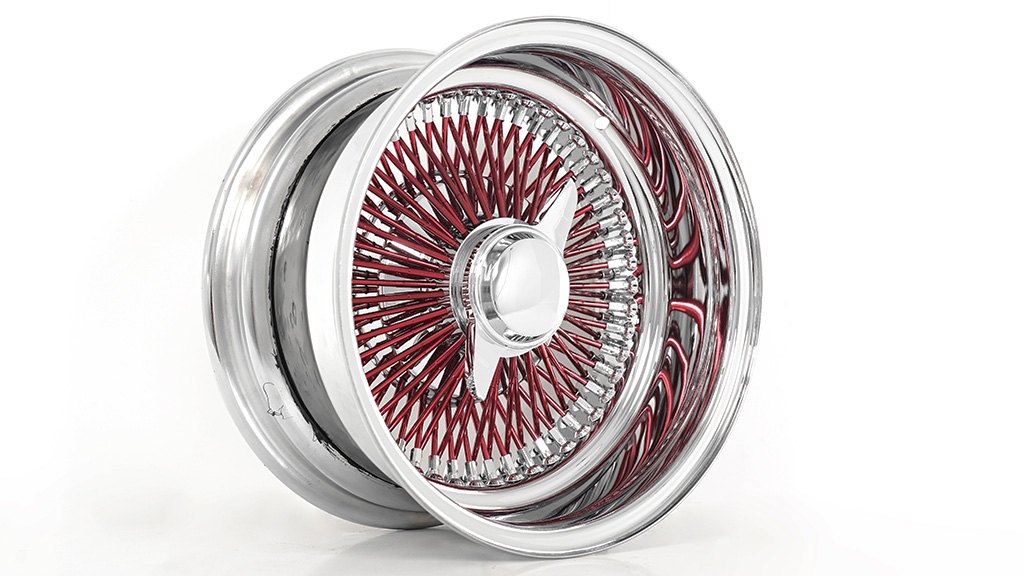13x7 Wire Wheels Reverse 100-Spoke Straight Lace Chrome with Red Spoke Rims