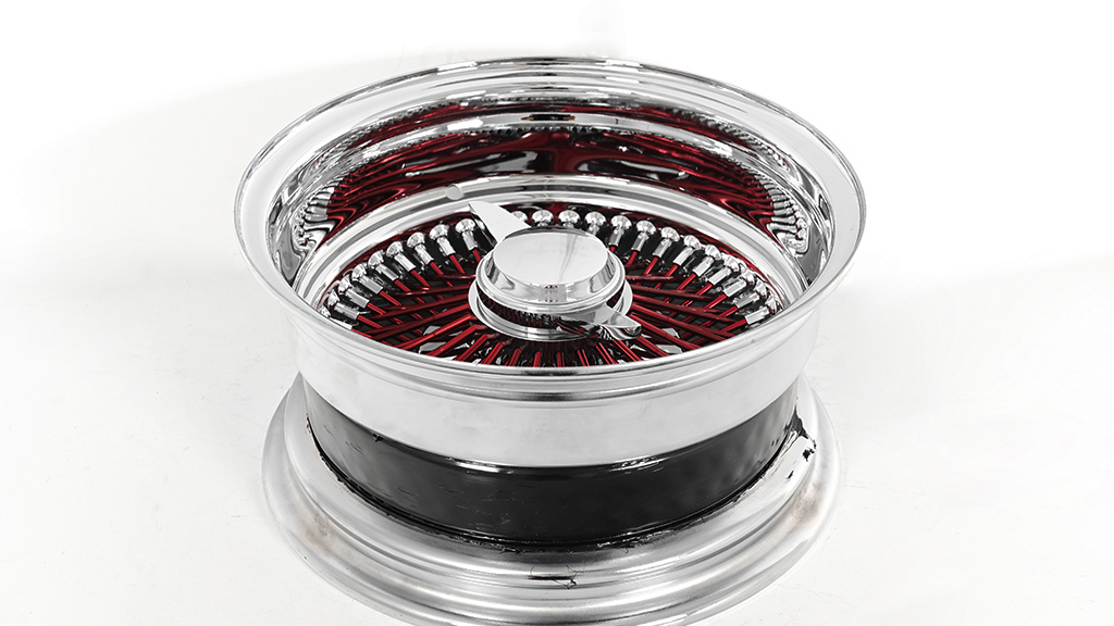13x7 Wire Wheels Reverse 100-Spoke Straight Lace Chrome with Red Spoke Rims